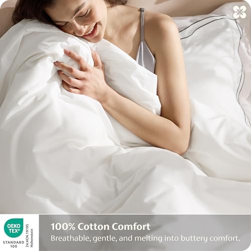 Bedsure PureWoven 100% Cotton Percale Duvet Cover Queen, Leaf Edge