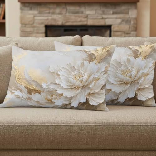 White Floral Lumbar Pillow Covers 12 x 20 Inch Pillow Covers Set of 2