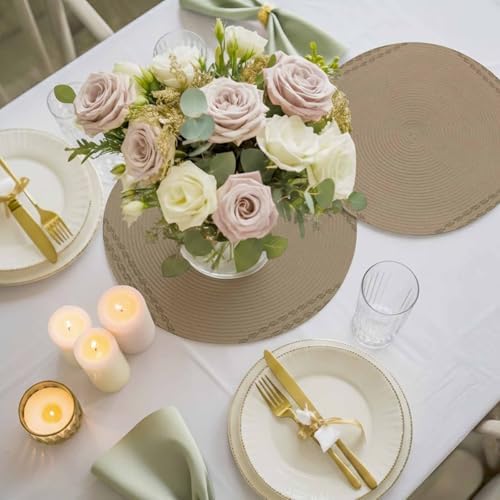 Round Placemats Set of 8 Beige Textured Woven Pattern Place Mats