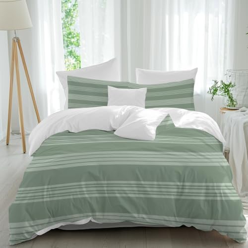 Duvet Cover Cal King Size 3 Piece Bedding Set, Sage Green Stripe