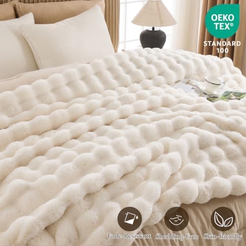 IKALIFE Cozy Bubble Faux Fur King Blanket for Bed, 90x108 Cream
