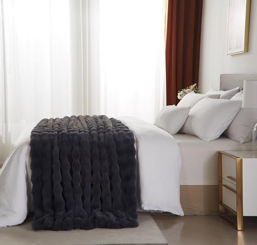 Gray Faux Rabbit Fur Bubble Throw Blanket 60 x 80 in