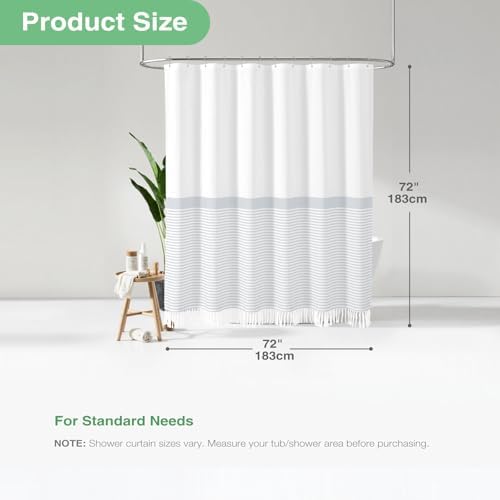 Dynamene Grey Fabric Shower Curtain, Farmhouse Boho Striped Tassel
