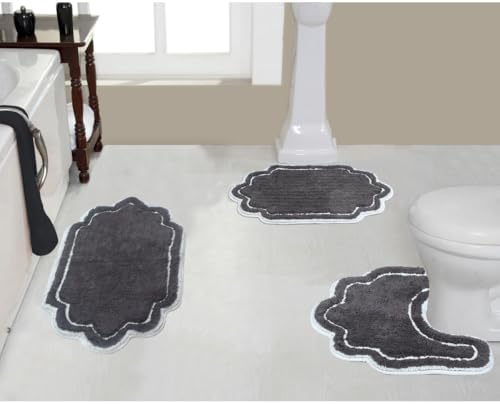 Nautical & Beach 100% Cotton Dark Gray Bathroom Rugs Set 3 Piece Soft