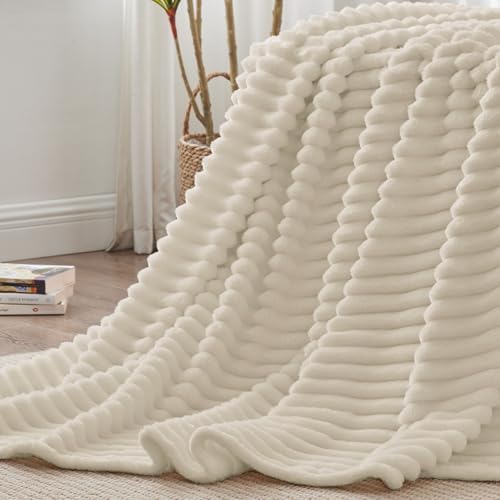 BEDELITE Ribbed King Size Blanket for Bed, Beige, 108"x90"