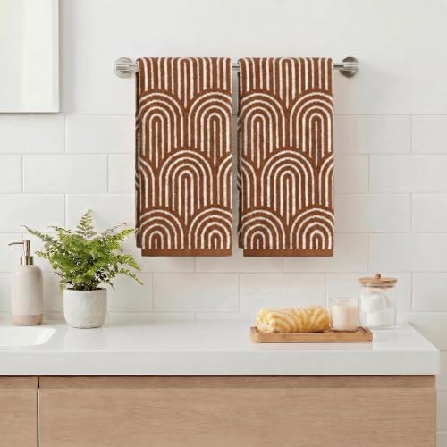 Artoid Mode 2 Pcs Beige Caramel Arched Stripes Jacquard Hand Towels