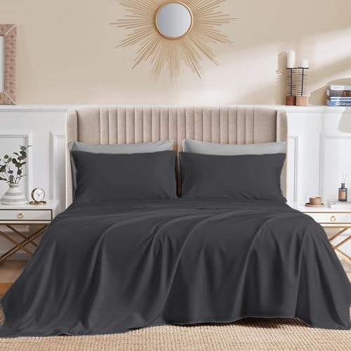 4-Pcs Bed Sheet Set Dark Grey King Fits Upto 16'' Deep Pocket