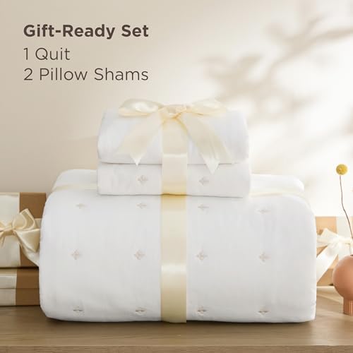 Bedsure PureWoven 100% Cotton Quilt Set Queen Size, Embroidery, White