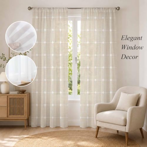 Minimalist Sheer Curtains 108 Inch Long 2 Panels Grid Lines Linen