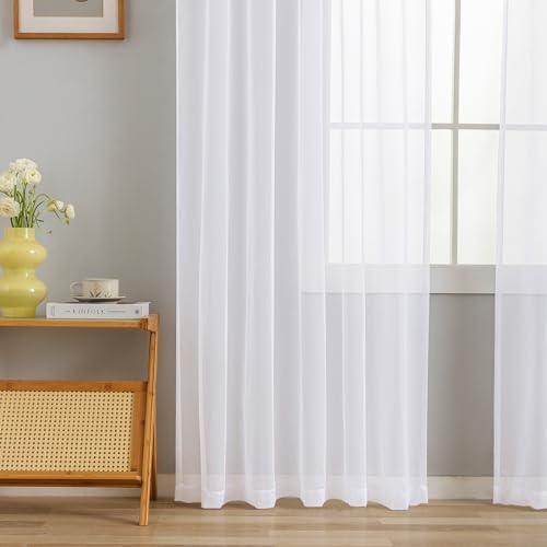 MYSTIC-HOME White Sheer Curtains 108 Inch Length, Elegant Sheer
