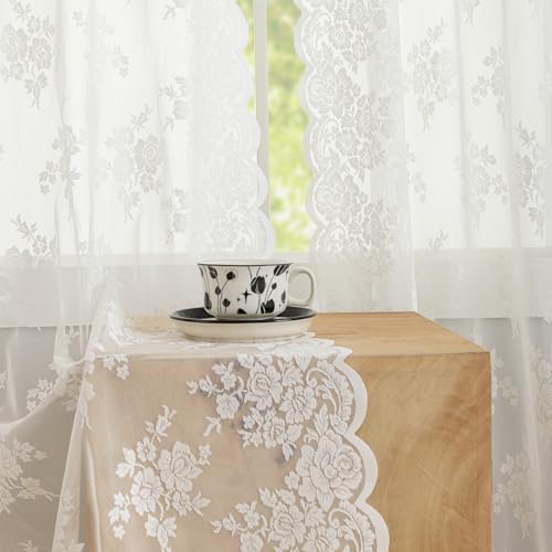 Kotile Ivory Lace Curtains for Living Room Rustic Floral 2 * 52x108