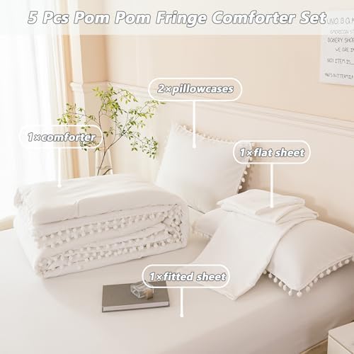PERFEMET Ivory Bed in A Bag Queen 5 Pieces Pom Pom Boho Bed Set for