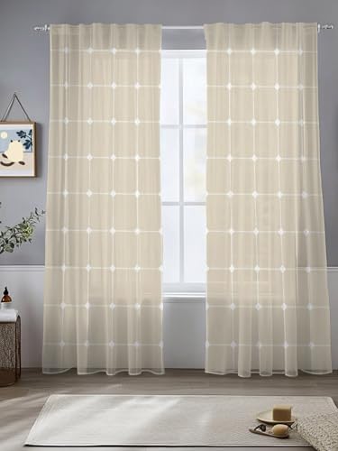 Ivory Grid Semi Sheer Curtains 108 inches Long Window Treatments