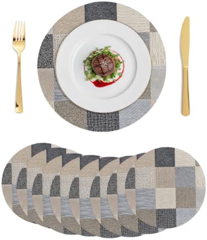 Khaki Grey Woven Round Braided Placemats Set of 8, Modern Minimalist
