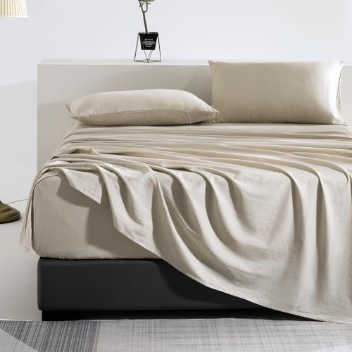 TUMEI Premium French Linen Blend Flat Sheet King Size, Natural Linen