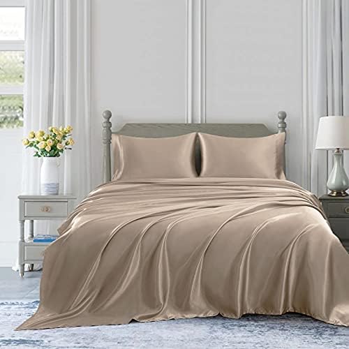Pure Soft Silky Satin Sheets Queen Size, Taupe, 4 Pieces Sheet Set