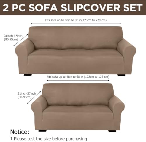 Peryiter 2 Pcs Couch and Loveseat Sofa Covers,Camel,Milk Silk