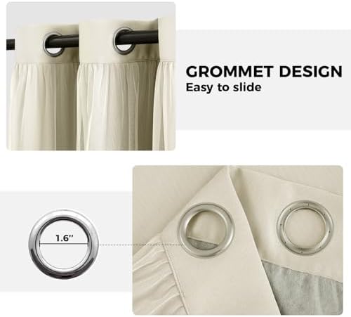 100% Blackout Curtains for Bedroom, Double Layer Beige 108" L