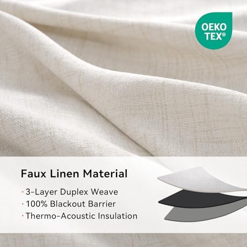 100% Blackout Linen Curtains 108 Inch Long 2 Panels Set, Beige