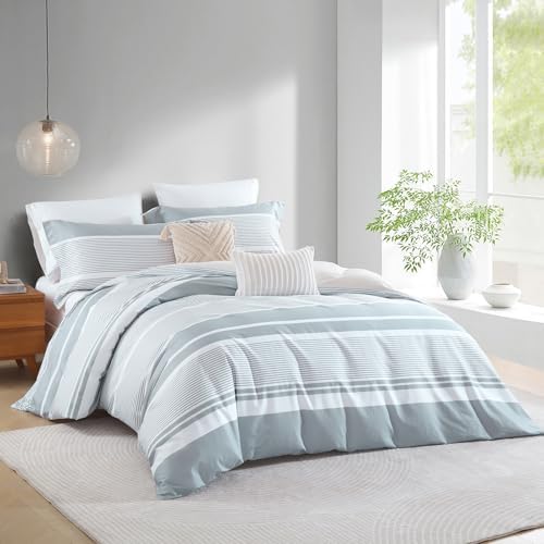 Striped Cotton King Duvet Cover 104"x90" – Light Grey White, 3 Piece