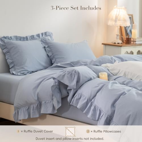 Ruffle Duvet Cover Set 100% Washed Cotton Linen Feel 3‐Pcs King