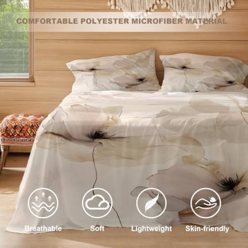 Floral Fluid Lines Artwork Queen Sheet Set, Delicate Petal Depiction