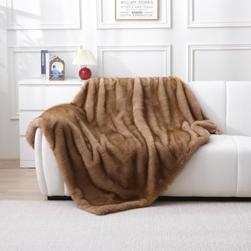 MERRYLIFE Luxury Plush Faux Fox Fur Throw Blanket for Bed Pale Brown