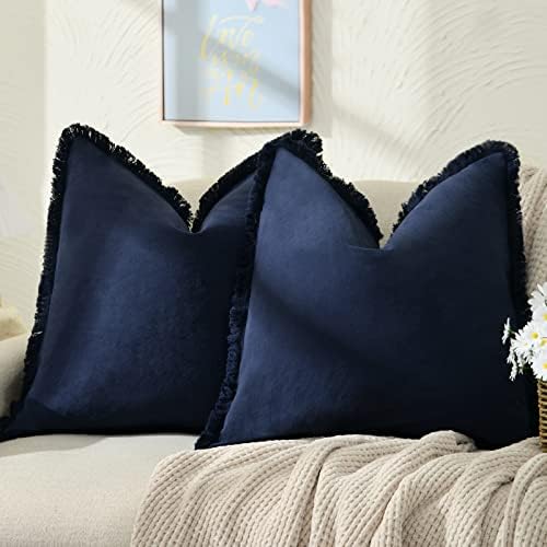 ZWJD Pillow Covers 22x22 Set of 2 Navy Throw Pillow Covers with Fringe