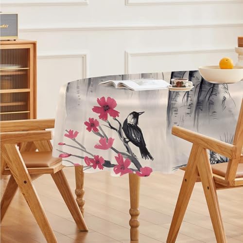 Floral and Bird Print Oval Table Cloth, Waterproof Duty Vinyl Plaid