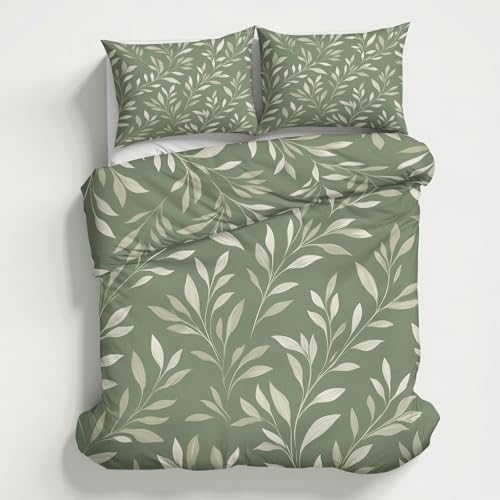 Sage Green Leaf Duvet Cover Queen, Botanical Plant Bedding Set 3 Piece