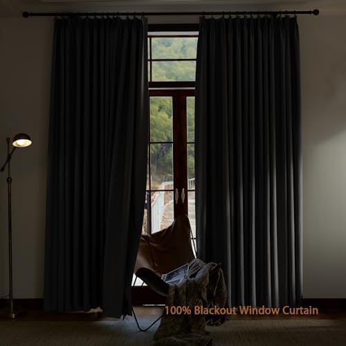Textured Linen Pinch Pleats 100% Blackout Curtains for Bedroom/Living