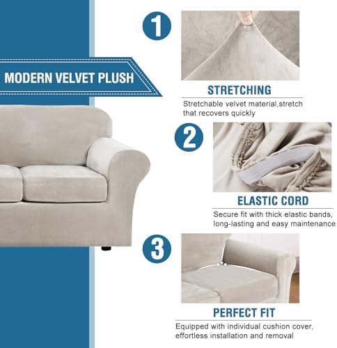 H.VERSAILTEX Real Velvet Plush 3 Piece Stretch Sofa Covers Couch