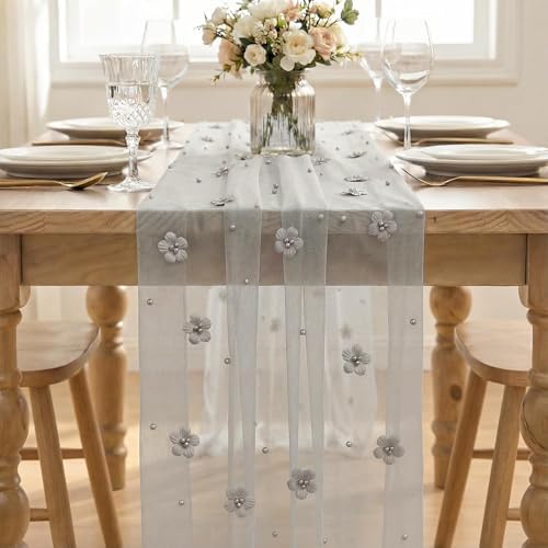 Artoid Mode Gray Flower Pearl Gray Gauze Table Runner 10FT, Seasonal
