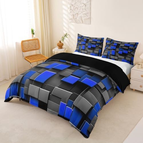 Manfei Abstract Style Comforter Cover King Size Black Gray Blue Grid