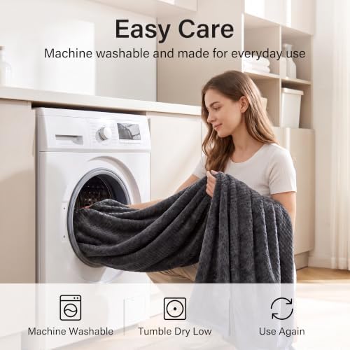 Waffle Textured Fleece Throw Blanket, Dark Grey, Twin 60 x 80 in