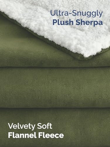 Sherpa Fleece Blanket Throw XL Size - Reversible Blanket - Olive, 50"