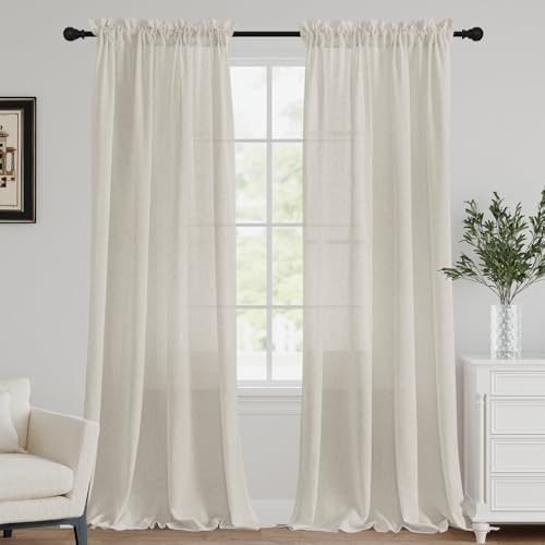 FantasDecor Ivory White Linen Sheer Curtains 96 inch Long for Bedroom