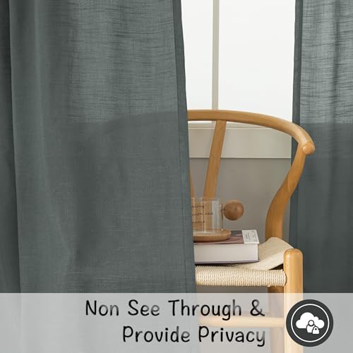 Charcoal Grey Linen Back Tab Curtains 84 Inch Length for Living Room