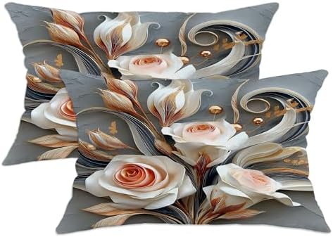 Elegant Floral Throw Pillow Covers Set of 2, Cream and Rose Gold