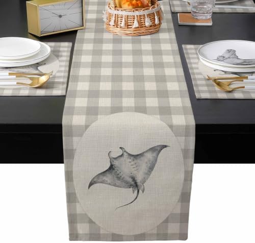Sea Ray Table Runner and Placemats Set of 6 Beige Plaid Cotton Linen