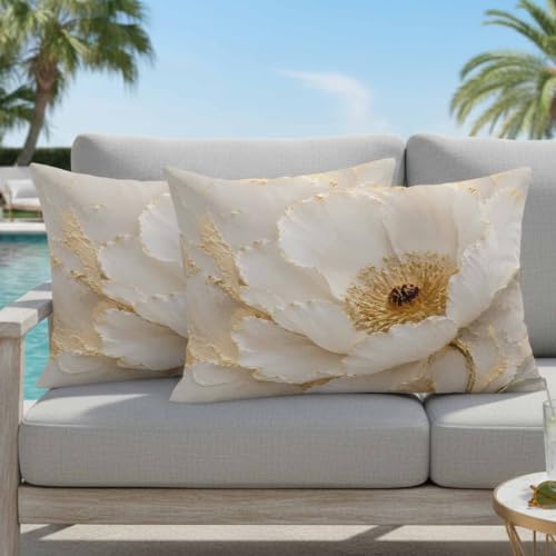 Cream Gold Flowers Lumbar Pillow Covers 12 x 20 Inch Pillow Covers Set