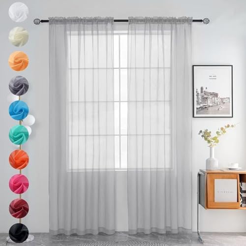 youleyar Solid Sheer Rod Pocket Curtain Voile Draperies 2 Panels White