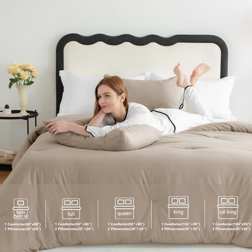 CozyLux Full Comforter Set, 3 Pieces Down Alternative Bedding, Khaki