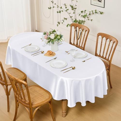 Entisn Oval Satin Tablecloth White 60x120 Inch, Lock-Stitched Edge