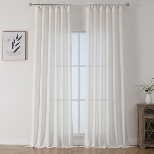 Ivory Linen Sheer Curtains Drapes 96 Inch Long Light Filtering Pinch
