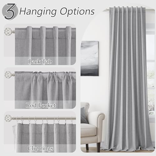 Guken Extra Long 100% Blackout Grey Linen Curtains 120 Inches for