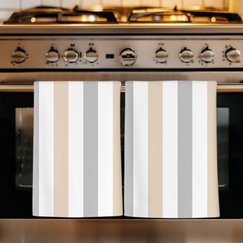 LooPoP Kitchen Towels Set of 3 Beige Grey Striped Dish Towels and