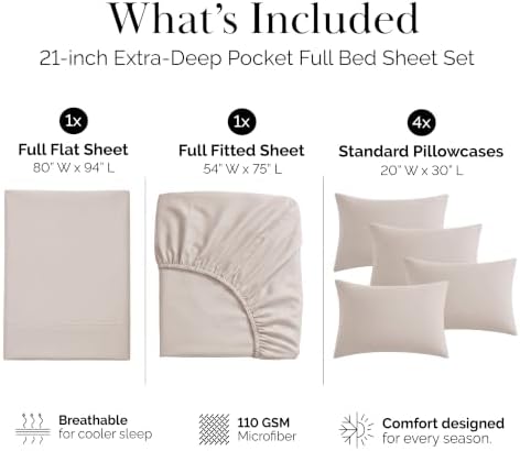 21 Inch Deep Pocket Full Size Bed Sheets Set Soft Microfiber Natural