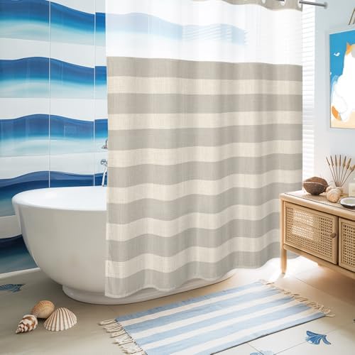 No Hooks Shower Curtains,Minimalist Taupe Stripes Waterproof Shower
