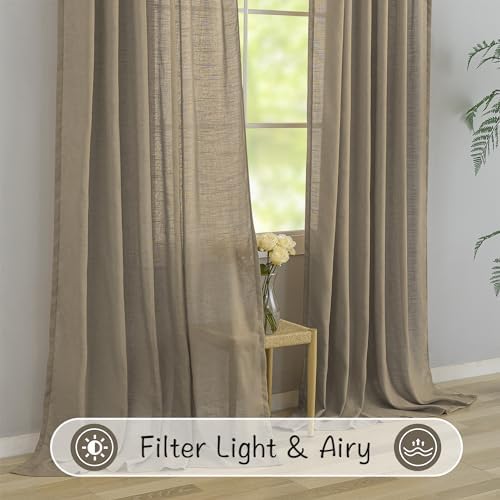 DONREN Taupe Burlap Linen Back Tab Curtains 84 Inch Length for Living